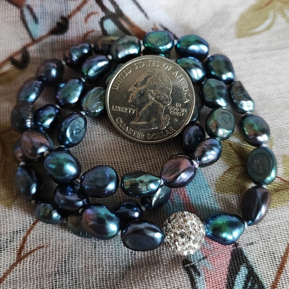 Peacock Freshwater Pearl Blue Gray Green Purple Single Strand Necklace Oil Slick